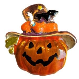 Halloween Pumpkin Brooch Pin Jack-O'-Lantern Bat Hat Enamel 1.54" Wide AJMC